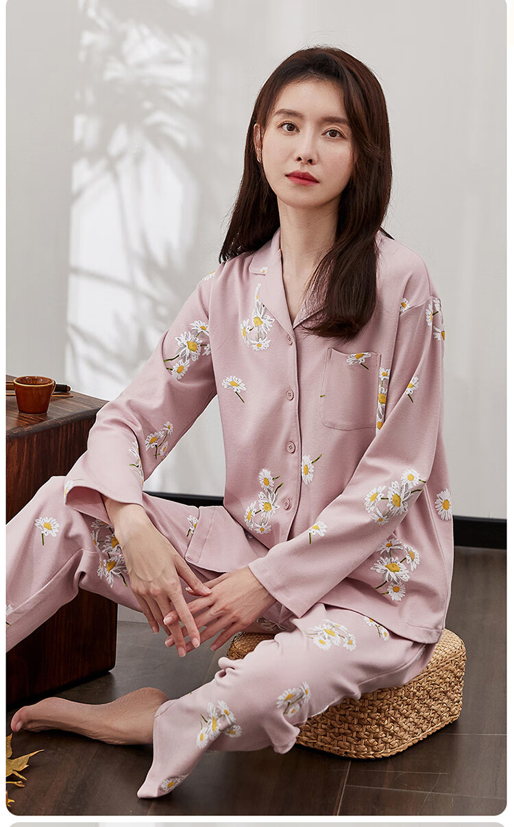 22年新款顶瓜瓜棉雏菊印花女士纯棉开襟长袖长裤全棉睡衣套装舒适柔软