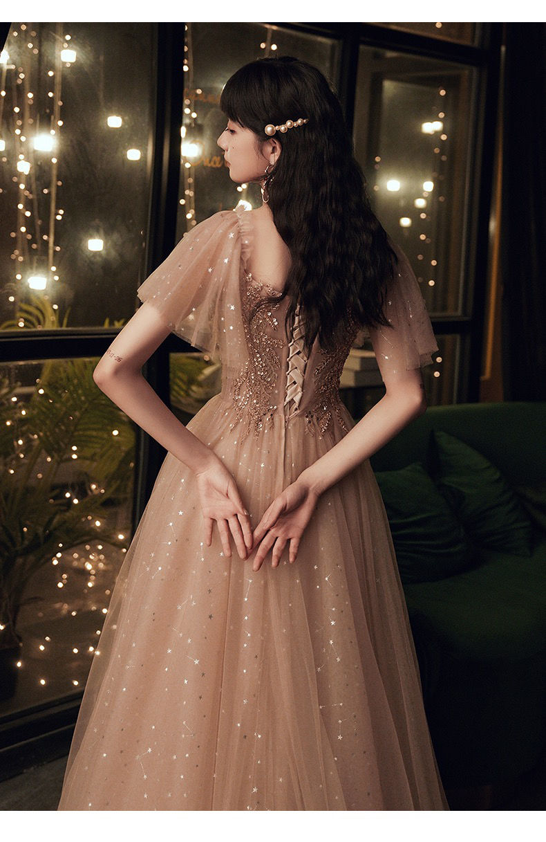 一字肩晚礼服女新款气质宴会粉色仙气长款主持人高端大秋千坠卡其色xs