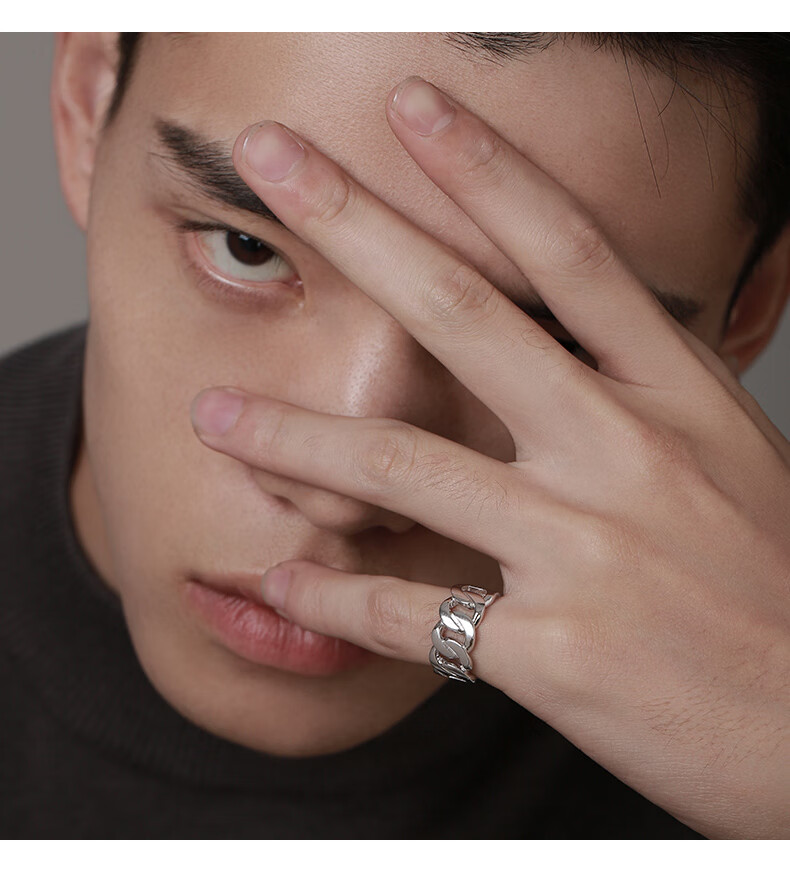 尾戒男小指男士银戒指男潮单身简约个性欧美潮人锁链开口宽戒子重垣