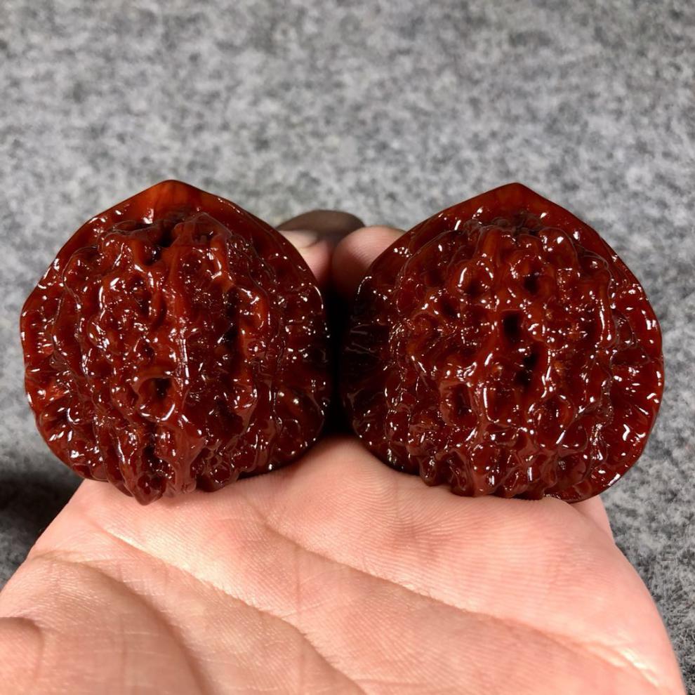 狮子头一对儿机刷包浆玉化文玩核桃官帽核桃老核桃手把件把玩核桃46mm