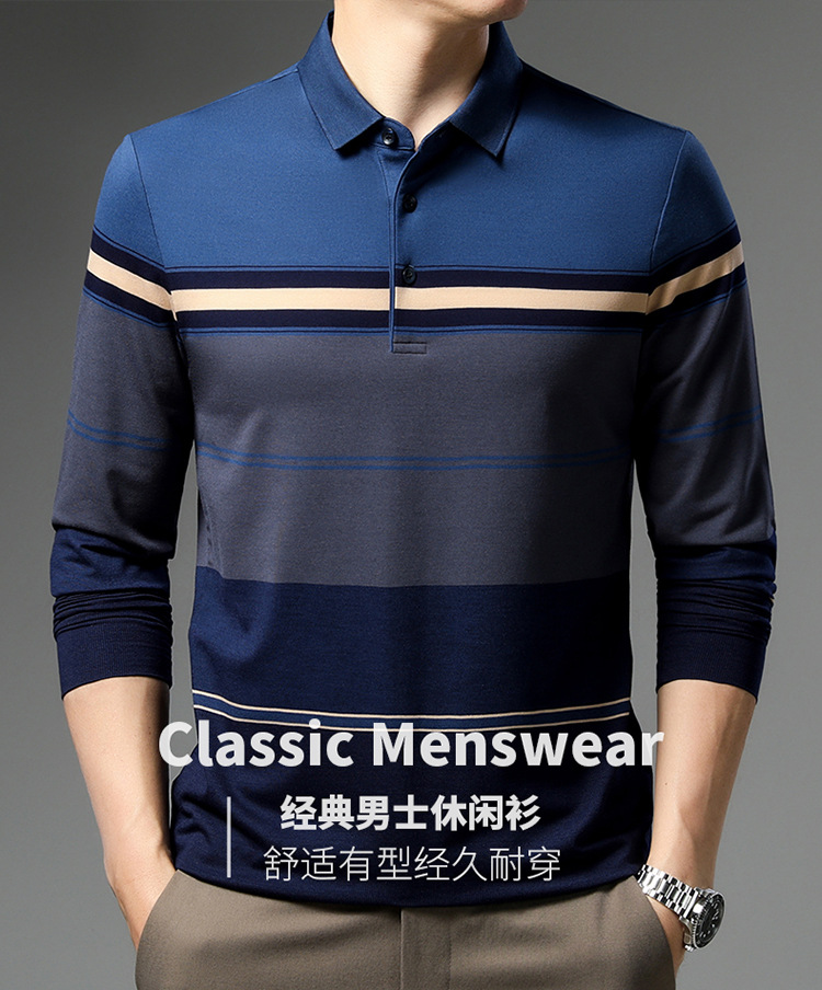虎都男装2022春季新款男士长袖套头条纹上衣翻领中青年都市休闲polo衫