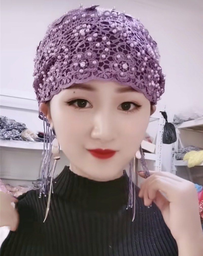 流苏包头帽头巾新款回族帽子时尚纱巾立体纯手工流苏包头帽堆堆帽