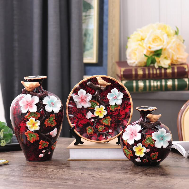 欧式花瓶三件套创意陶瓷瓶酒柜装饰家居手工摆件乔迁礼品蓝色大瓶宽16