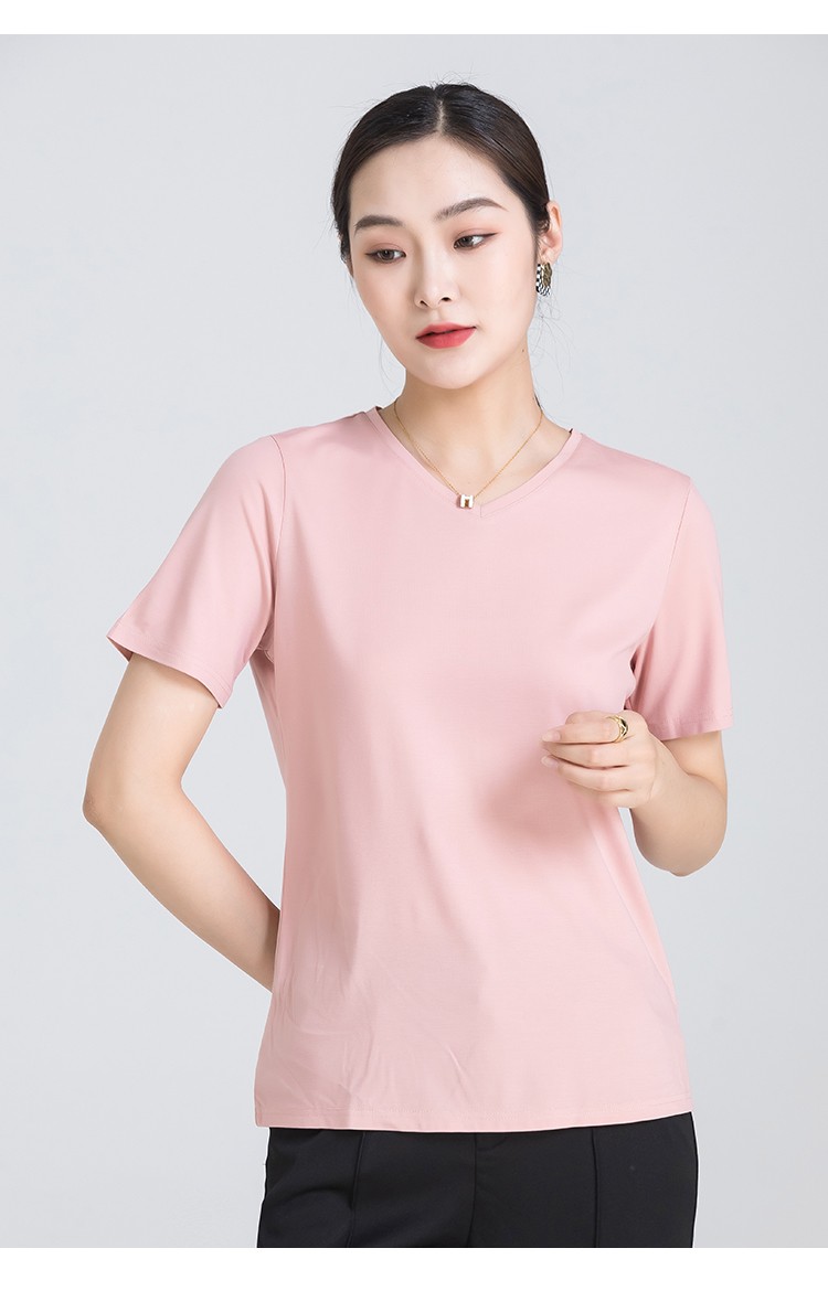 梦舒雅上衣四色可选v领丝光棉t恤女装2022年新款夏装修身半袖体恤 橘
