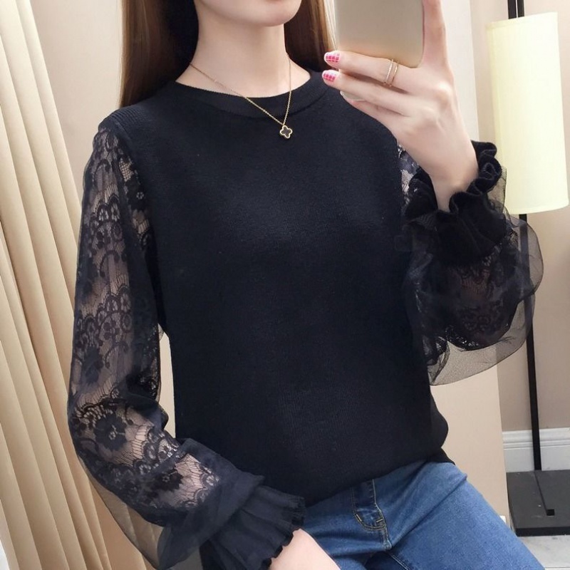 元蓓盈蕾丝保暖女打底衫加绒春装新款宽松韩版网纱蕾丝拼接针织衫短款
