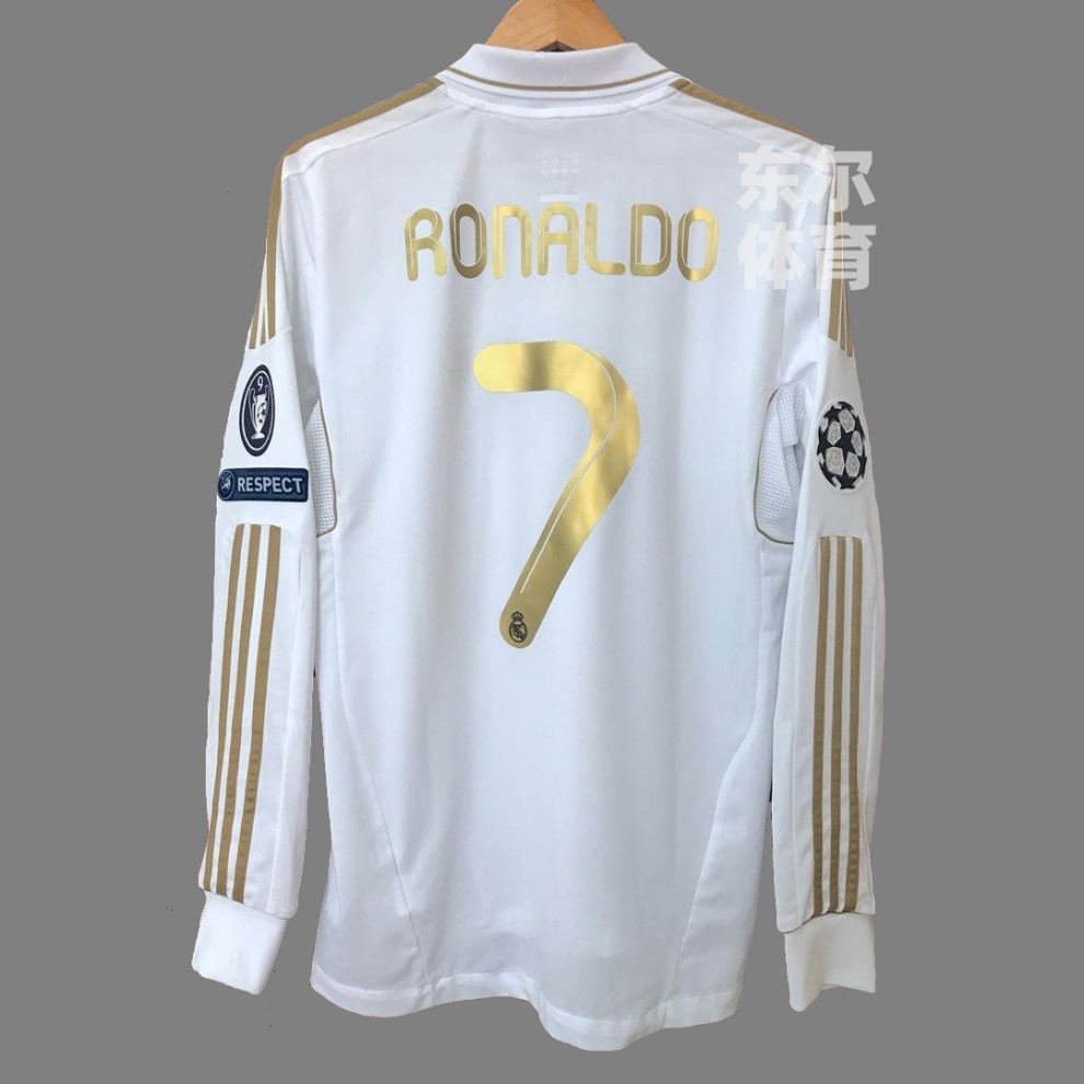 1112皇马主场金色号长短袖金边c罗7号卡卡成人足球服复古球衣主场短袖