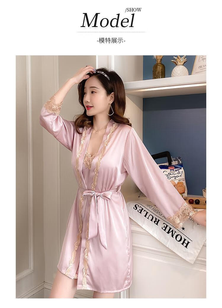 私房睡衣女性感夏季冰丝甜美吊带睡裙两件套蕾丝情趣睡袍带胸垫薄035