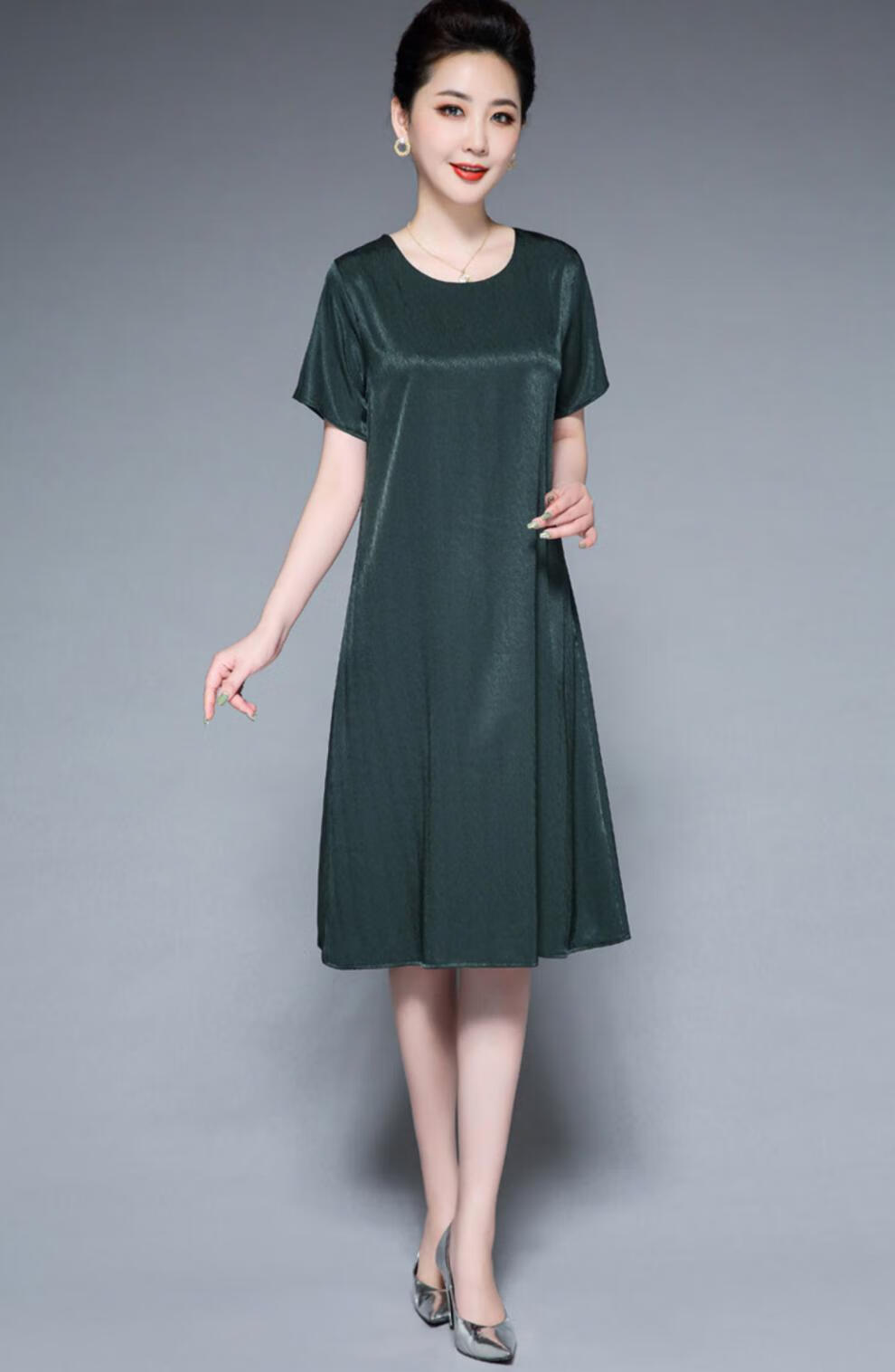 恒源祥集团彩羊特价捡漏高档轻奢中老年妈妈装桑蚕丝真丝纯色连衣裙女