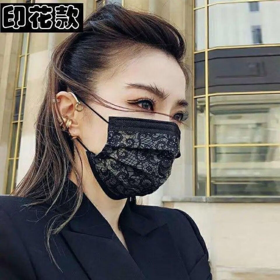 成人防护口罩轻薄透气2021新款黑色蕾丝口罩女时尚同款女神防护3层熔