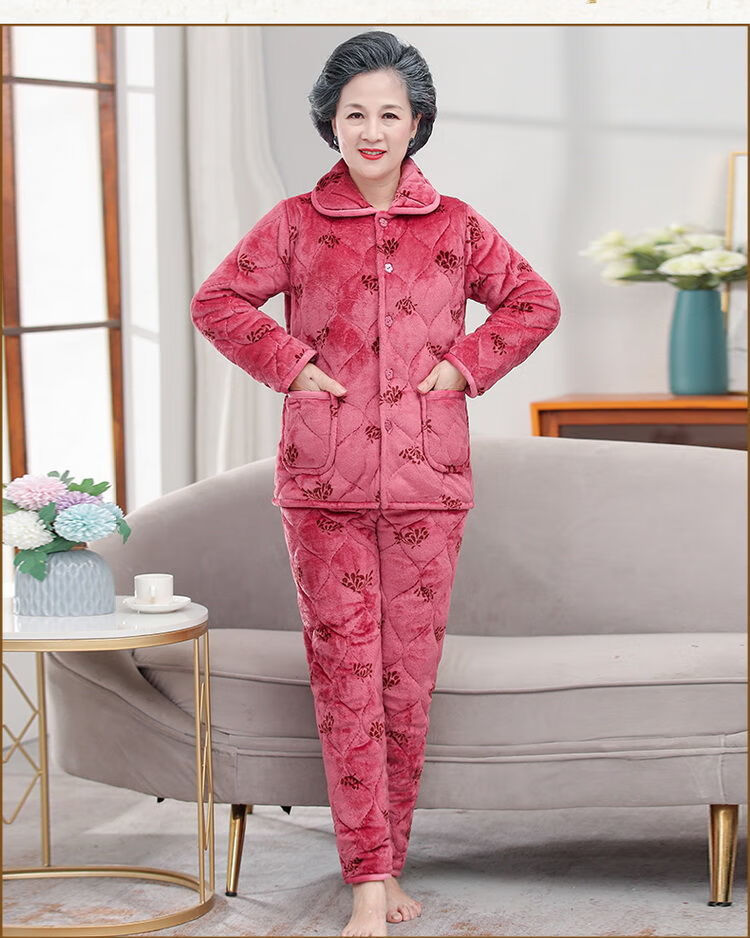 梦欧玘老年人睡衣女珊瑚绒妈妈家居服加绒老太太冬装法兰绒奶奶三层夹