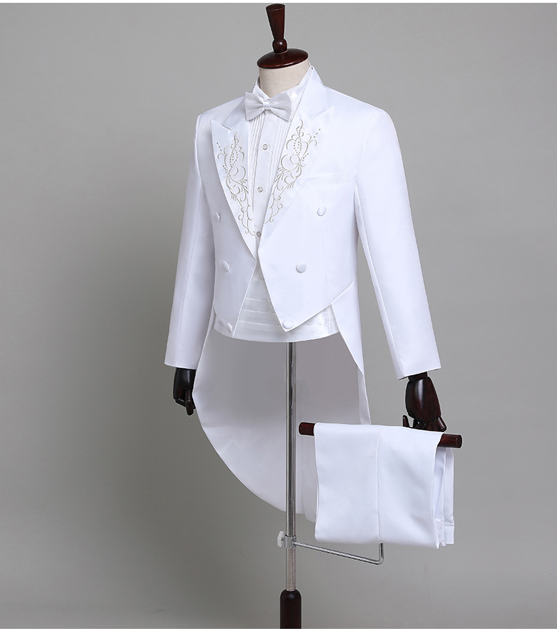 燕尾服舞台演出服指挥合唱礼服套装结婚主持拍照西装男白色绣花套装