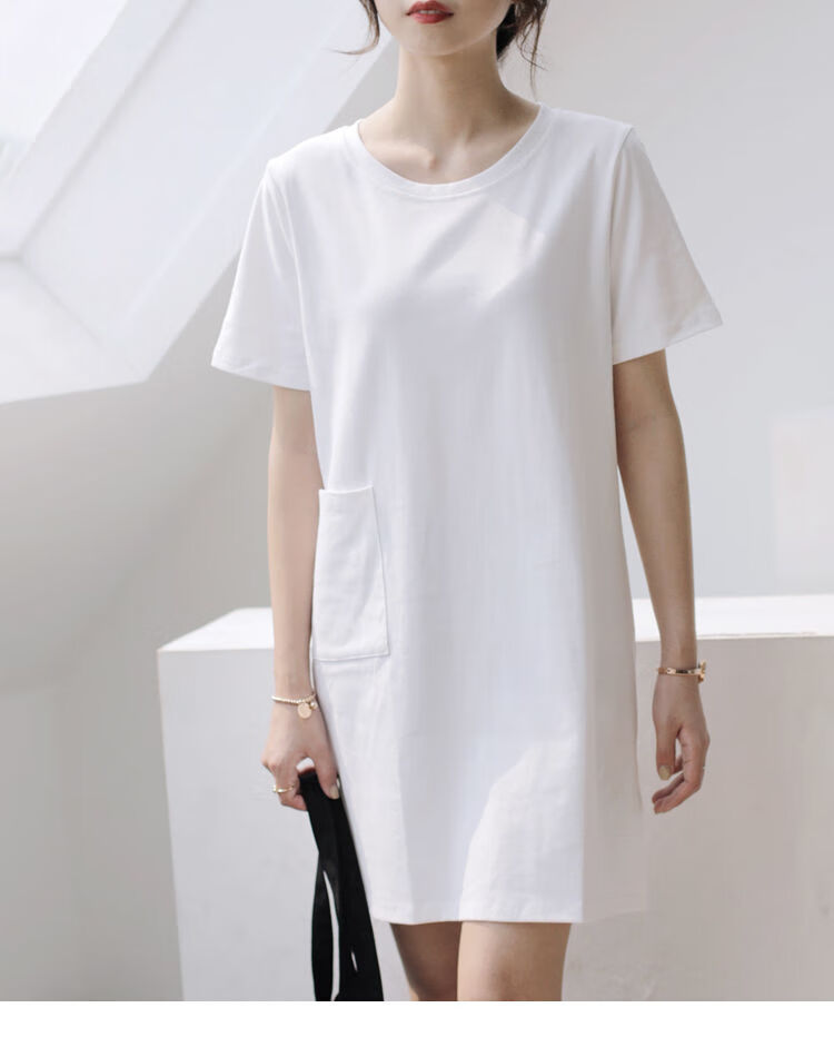 广州石井肩宽显瘦上衣t恤中长款宽松气质t恤胖连衣女仙女侧开13行短袖