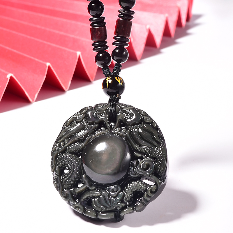 天然冰彩黑曜石双龙护主吊坠属龙生肖挂坠项链男士女护身符金曜石全珠