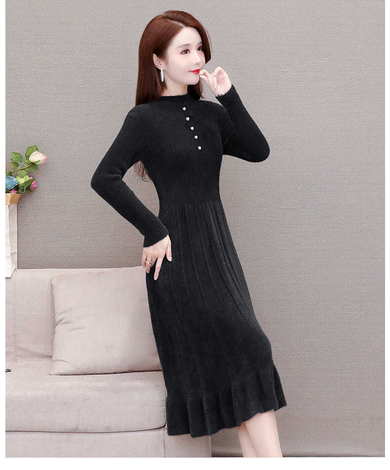 冬季加厚针织连衣裙女高品质2021冬季新款水连衣裙打底加绒加厚毛衣女