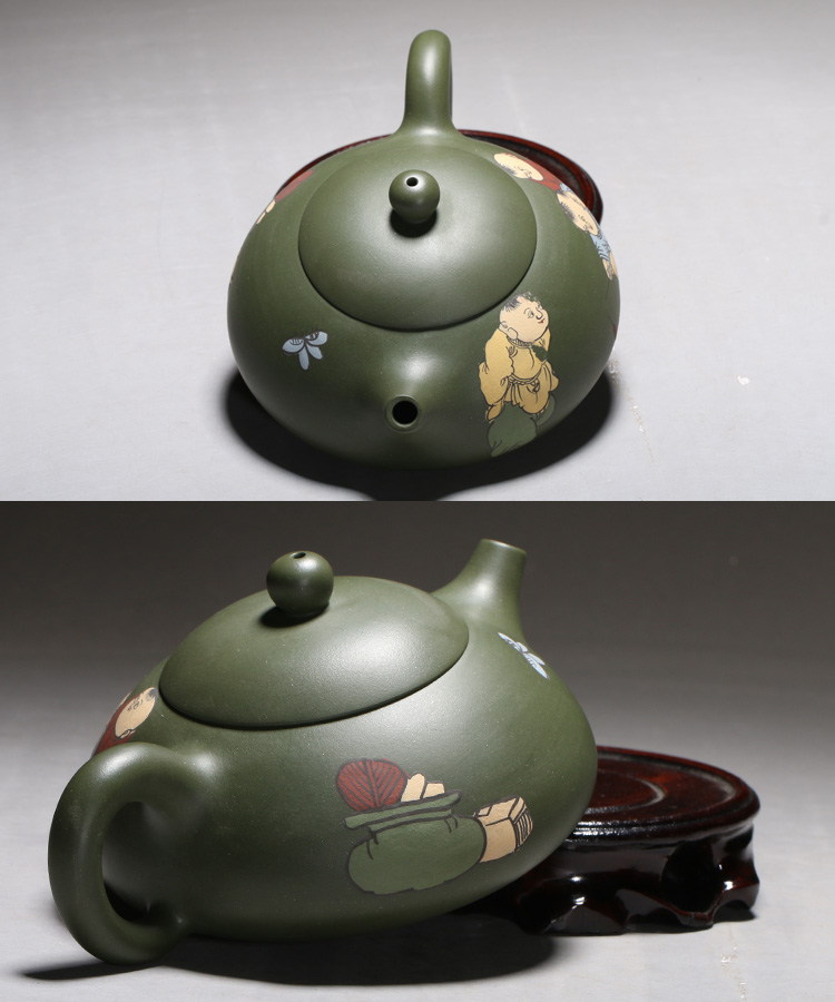 古昔紫砂 绿泥 宜兴原矿墨绿泥手工紫砂壶 球孔内壁章茶壶 民国绿泥