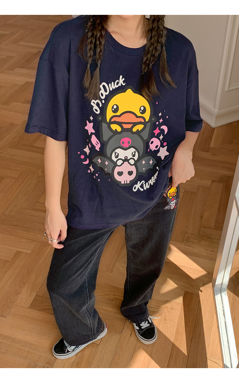 duck小黄鸭库洛米联名短袖t恤女年秋季新款宽松bf风印花潮t 藏青色 s