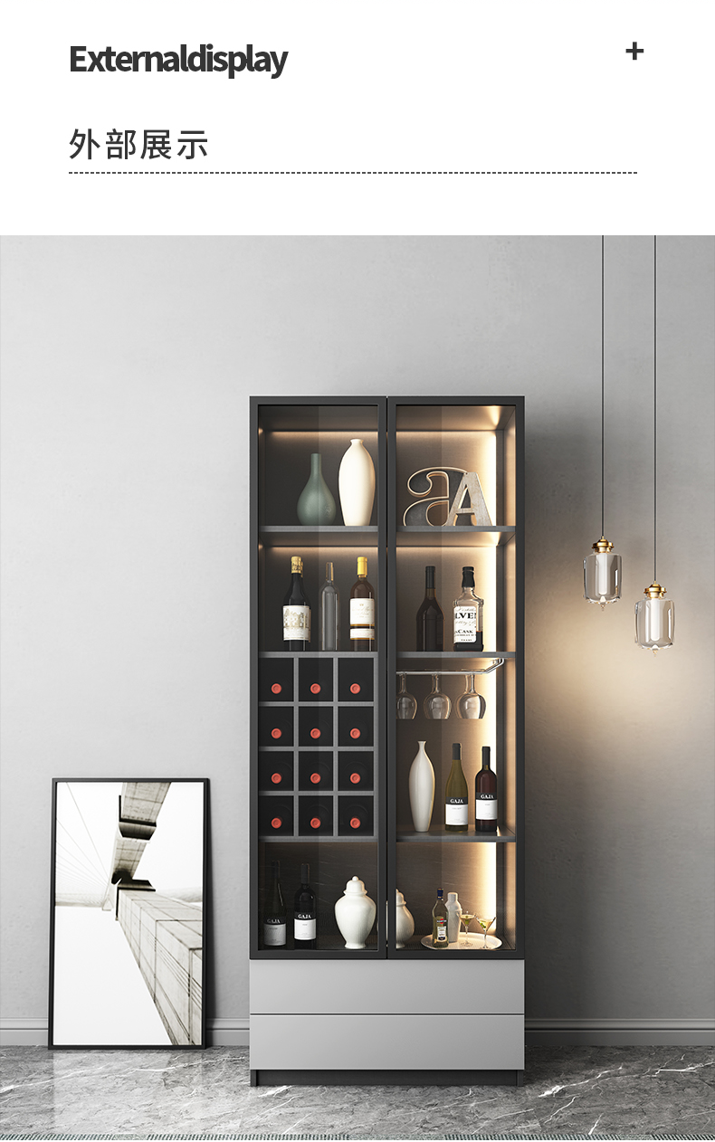 北欧轻奢酒柜现代简约餐厅餐边柜客厅玻璃门储物柜靠墙小型窄边柜yn90