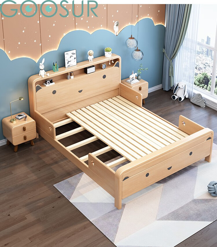 女儿床15米北欧全实木原木床带护栏12米学生单人床现代简约女童床实木