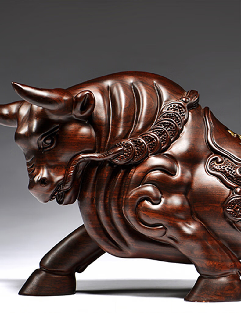 仙莱阁木雕手工精雕华尔街牛摆件生肖牛实木雕刻工艺品家居客厅装饰
