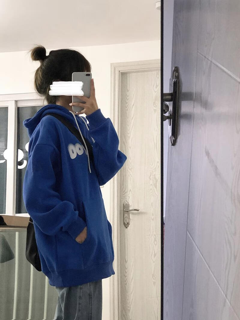 诗姿柔卫衣女春秋学生党克莱因蓝色连帽卫衣女chic秋冬季加绒慵懒风