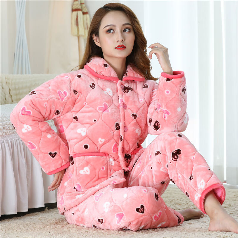 中老年珊瑚绒夹棉睡衣女士冬季三层加厚保暖加绒棉袄套装家居服豆沙