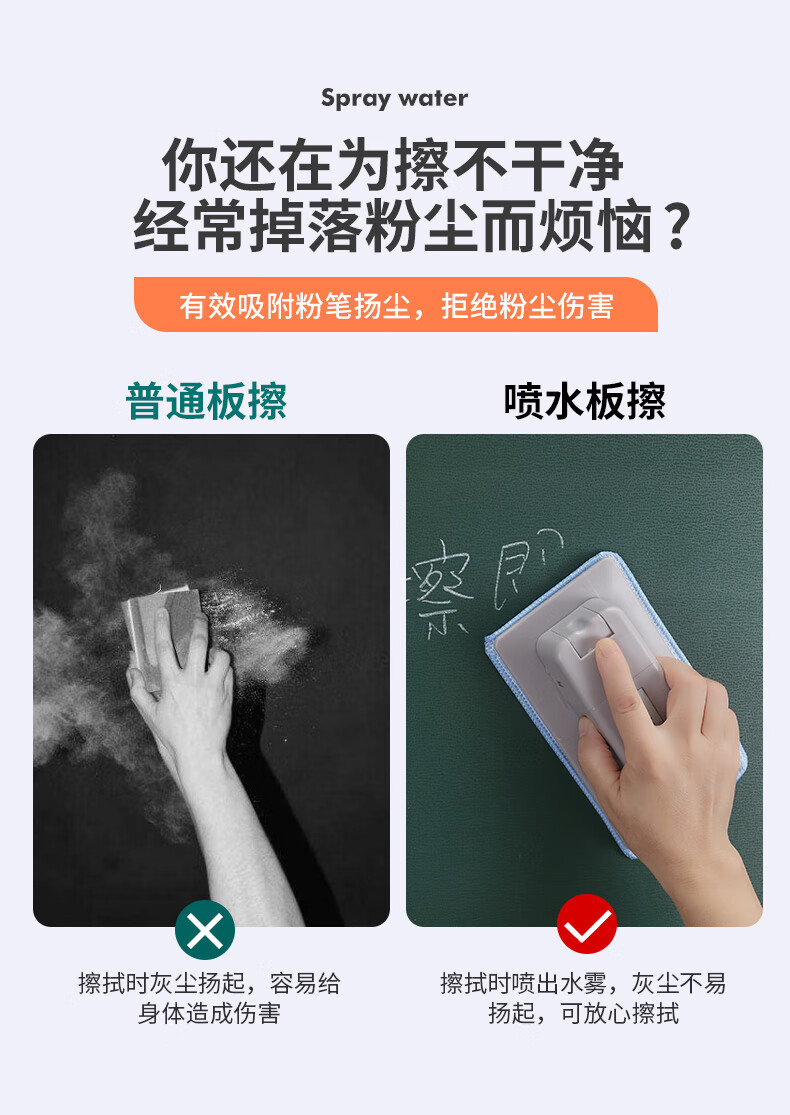 senmu磁性可吸附白板喷水黑板擦抹布无尘粉笔专用板擦可拆卸擦黑板