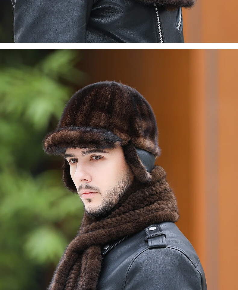 水貂毛皮草帽子男士冬季保暖护耳貂帽时尚冬天中老年人爸爸鸭舌帽5358