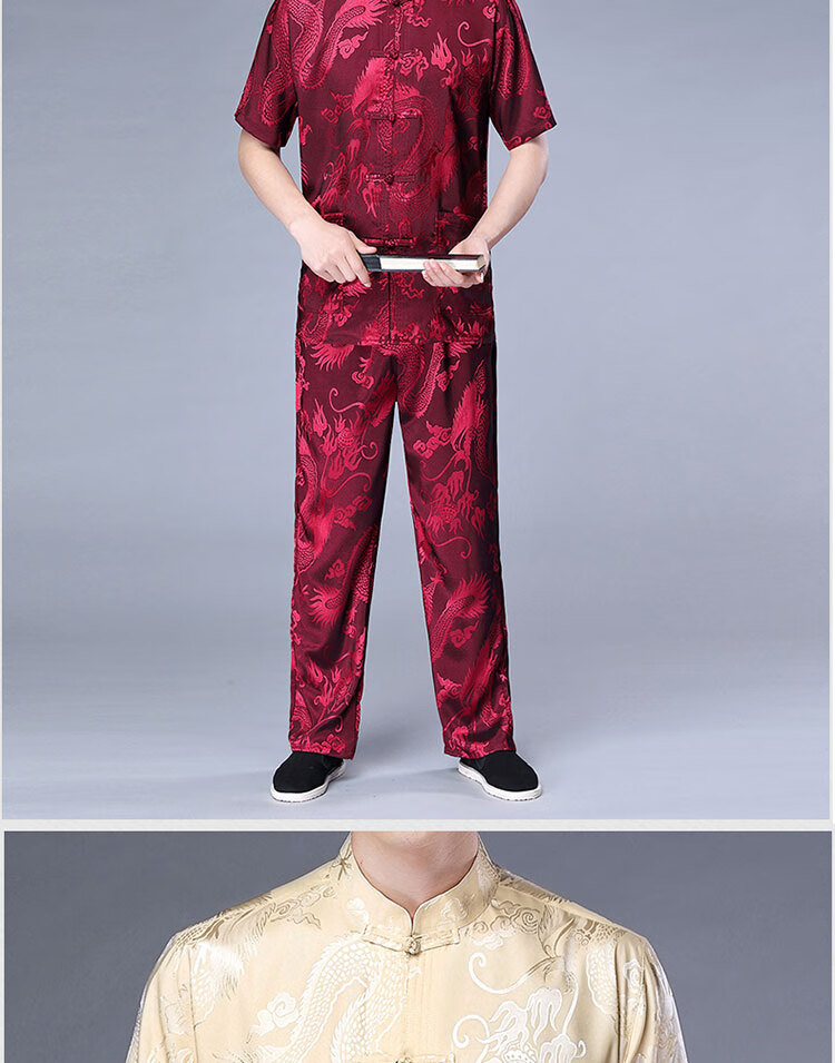 桑蚕丝唐装男夏季薄款中国风爸爸套装中老年人爷爷丝绸衣服针织 2003