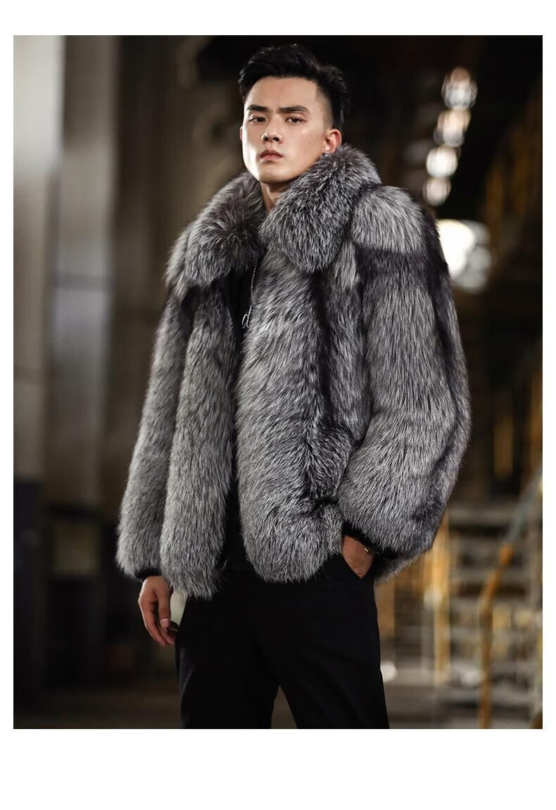 海宁特价2021新款狐狸毛皮草男装皮毛一体男外套短款秋季海宁银狐大衣