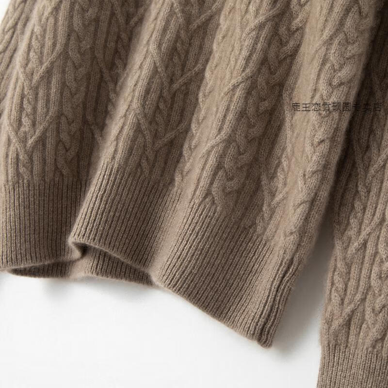 鹿王重磅四股加厚山羊绒衫女高翻领加厚短款绞花宽松针织毛衣冬黑色s