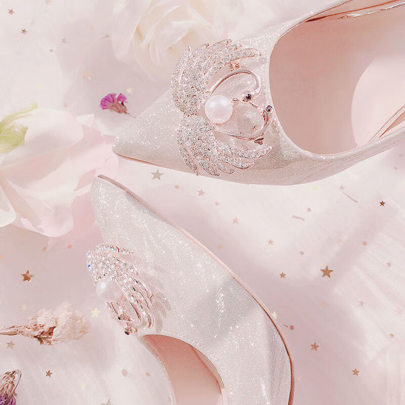 婚鞋水晶高跟鞋高跟鞋女尖头新款细跟婚纱鞋水晶天鹅婚鞋新娘鞋伴娘鞋