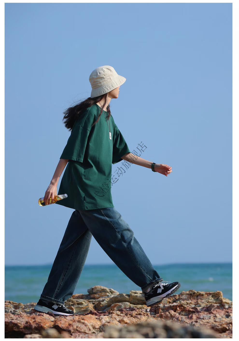 kouemgi空味夏季印花宽松oversize短袖t恤男重磅270g情侣上衣墨绿色s