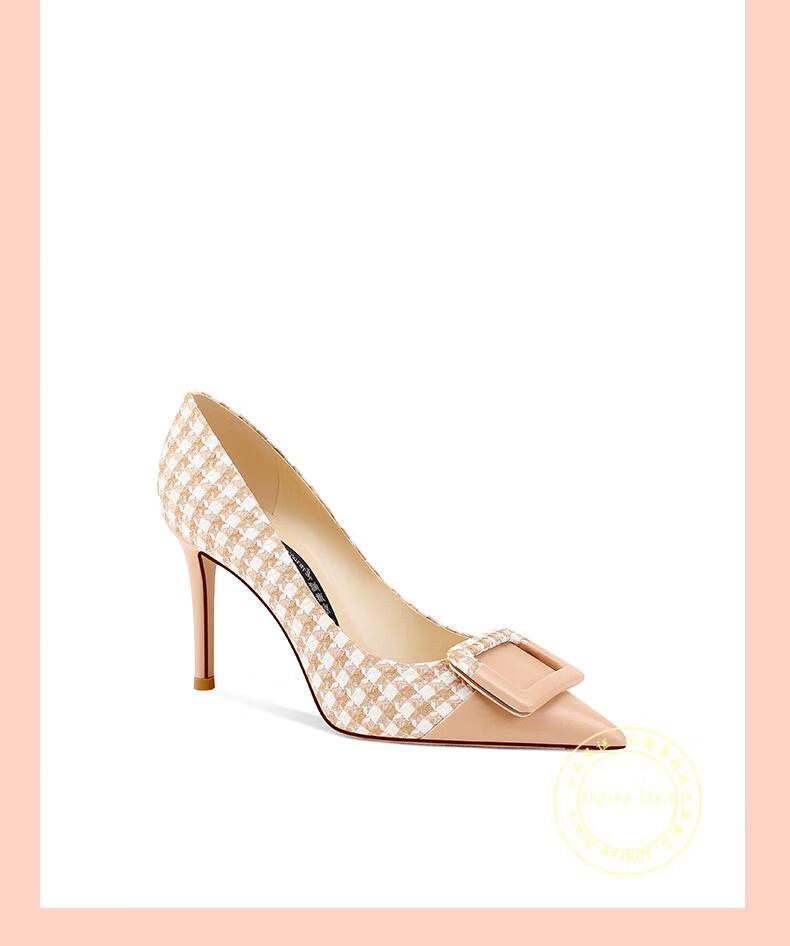 andrewstark品牌高跟鞋细跟2022年春季新款时尚小香风百搭格子尖头