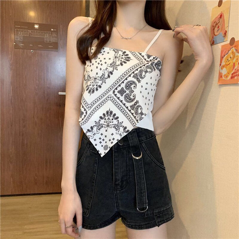 女装复古百搭三角吊带背心度假风腰果印花短款上衣黑色l115135斤