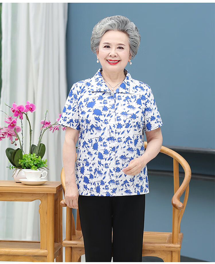 罗蒙romon中老年人短袖女奶奶衬衫60岁妈妈的确良休闲衬衣老人太太
