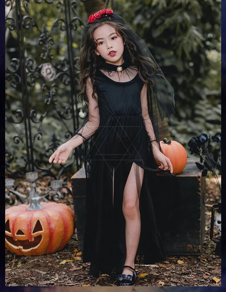 【精选细品】香港grovrumo万圣节儿童服装女童暗黑天使恶魔鬼新娘长裙