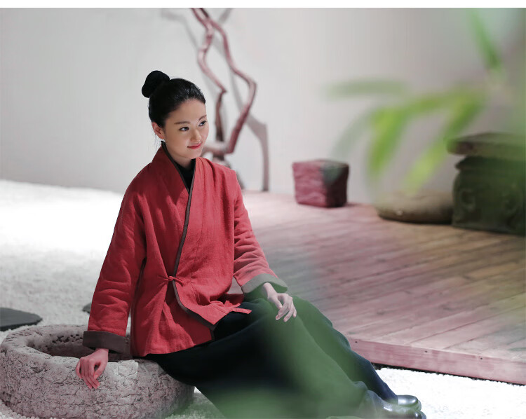 小袄打坐居士服佛系禅意女装棉麻上衣秋冬佛教红上衣不夹棉半身裙s