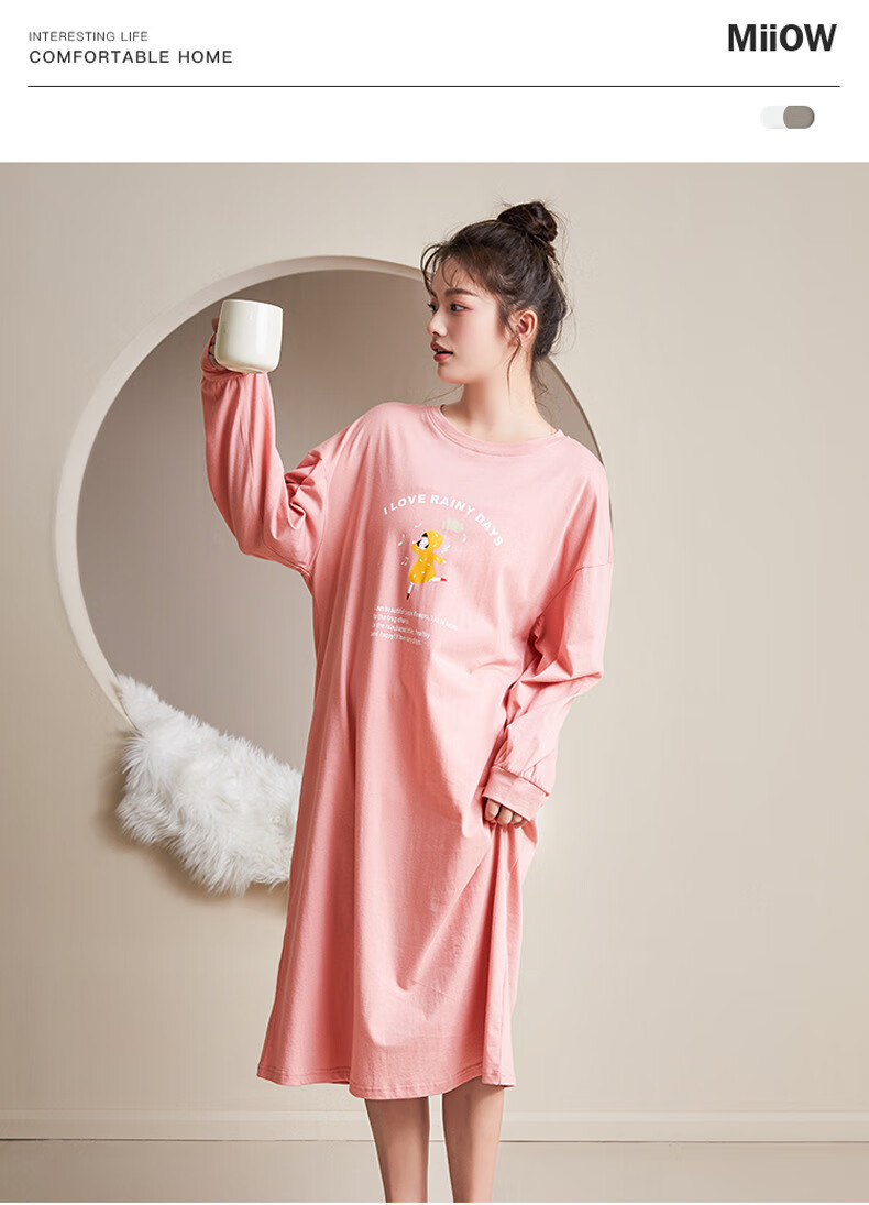 猫人女士睡衣可爱印花中长款长袖套头棉质睡裙女睡衣女士家居服女