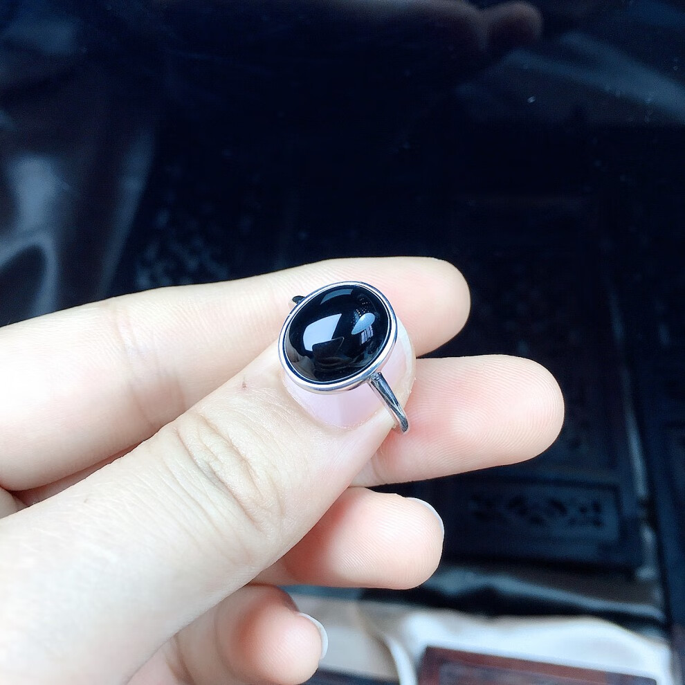 展缘黑色玛瑙宝石戒指女小众设计简约冷淡风百搭活口可调节