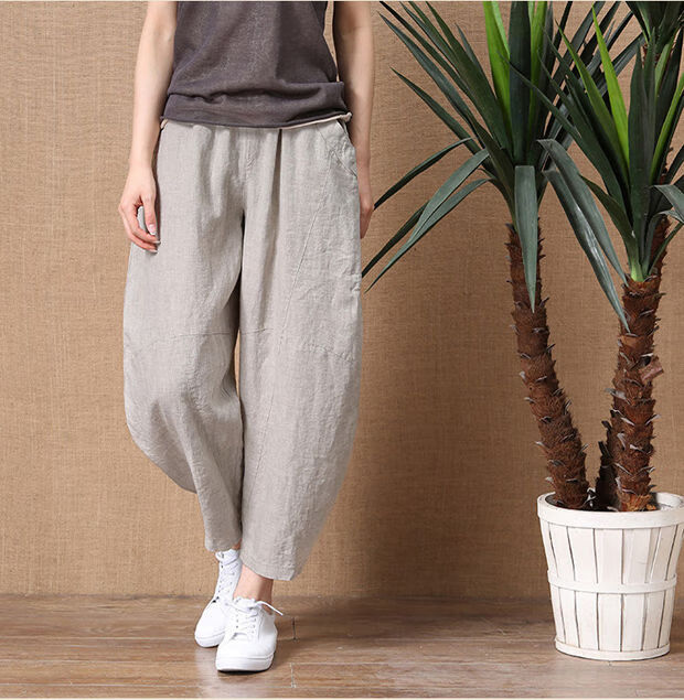 亚麻裤子女夏九分宽松薄款棉麻松紧腰阔腿裤复古文艺百搭休闲裤麻本色