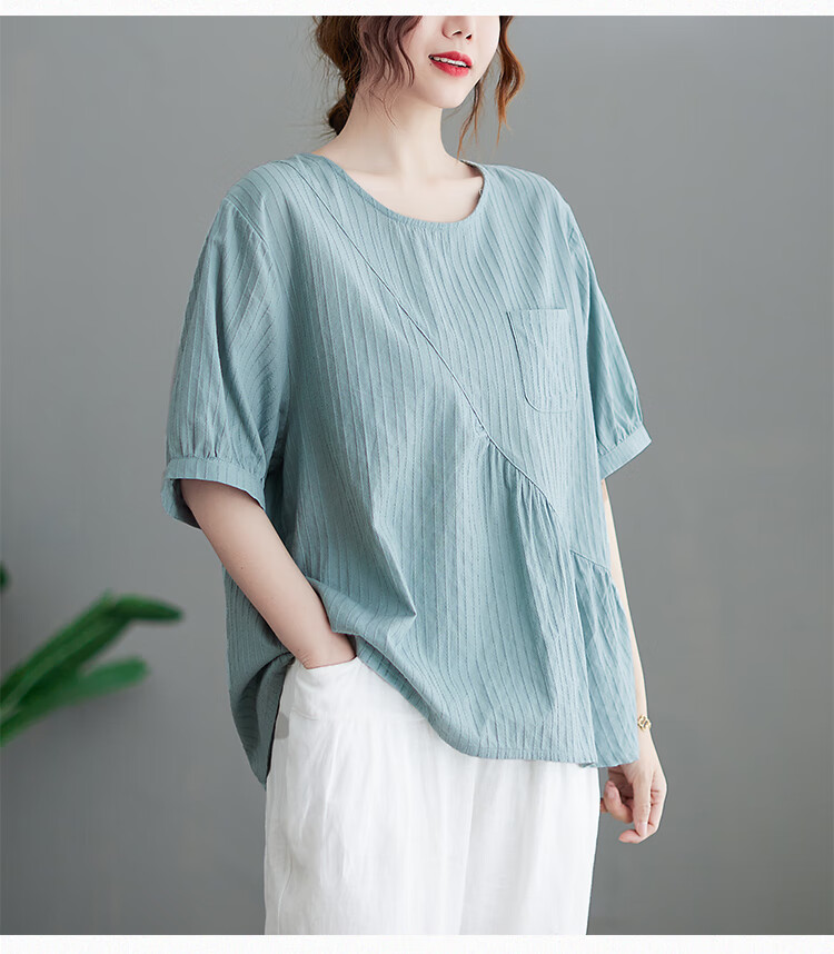 体恤休闲衫女装短衫胖mm棉麻短袖女显瘦遮肚子条纹t恤女夏季宽松大码