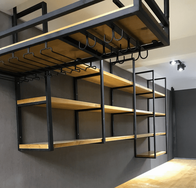 慕美帝斯铁艺吊架吧台置物架前台悬挂酒架工业风实木装饰墙上壁挂隔板