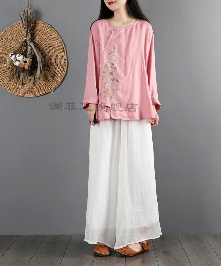 春秋装禅服女棉麻上衣中国风文艺复古宽松长袖亚麻衬衫中式盘扣禅意茶