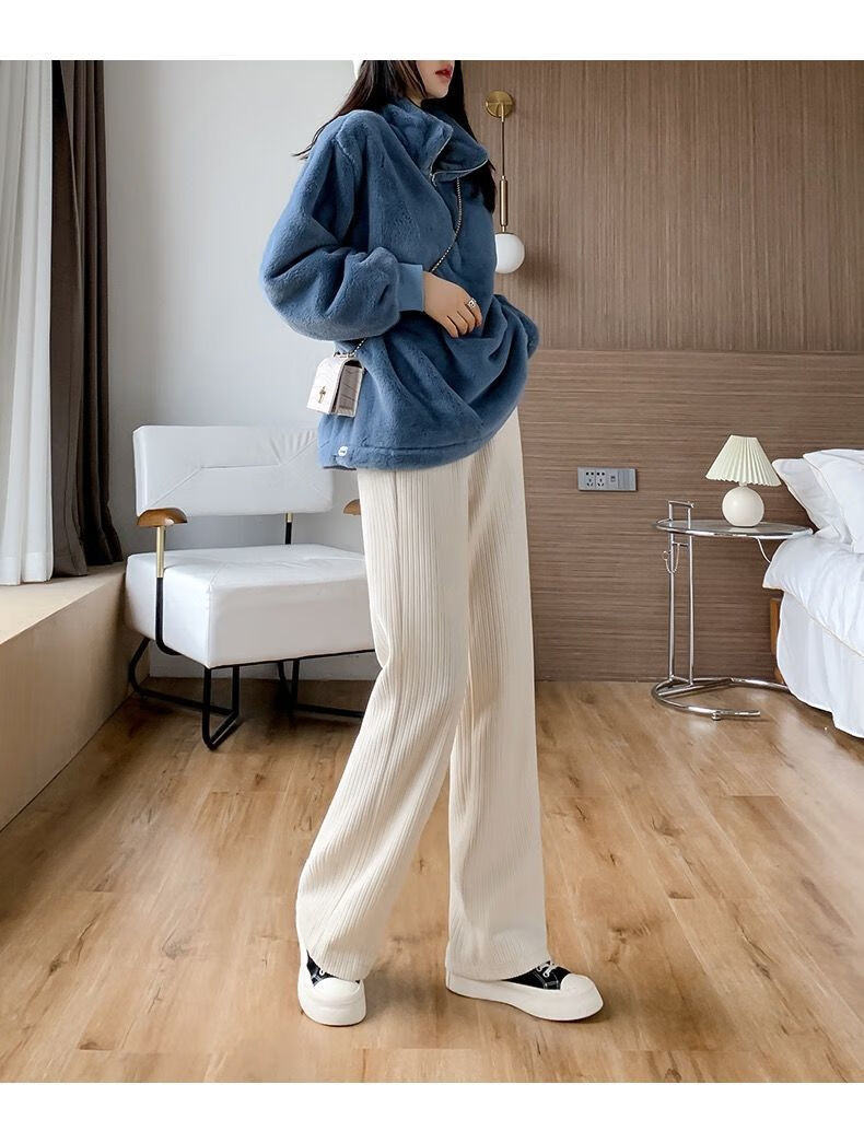 加绒阔腿裤女秋冬季加厚显瘦直筒裤2021新款米白色休闲裤子米白色九分
