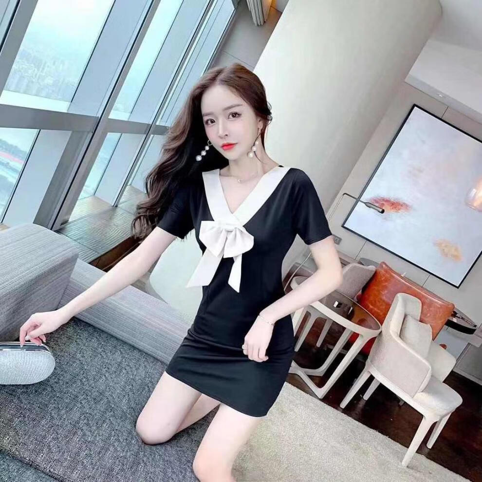 夕薇美性感v领蝴蝶结修身包臀连衣裙ktv工作服短裙女黑色关注店铺优先
