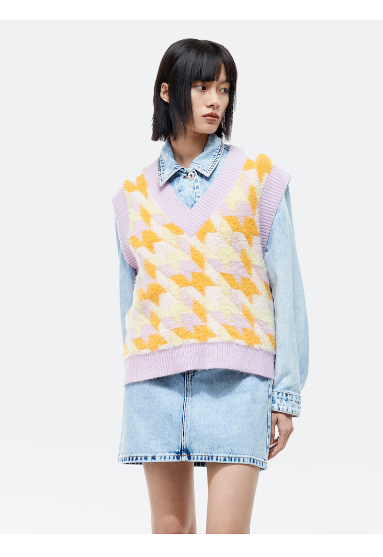 su素2022春复古浅香芋紫格纹v领廓形针织马甲淡紫s