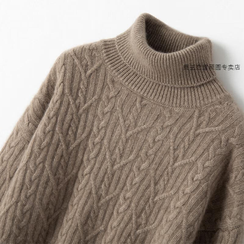 鹿王重磅四股加厚山羊绒衫女高翻领加厚短款绞花宽松针织毛衣冬黑色s