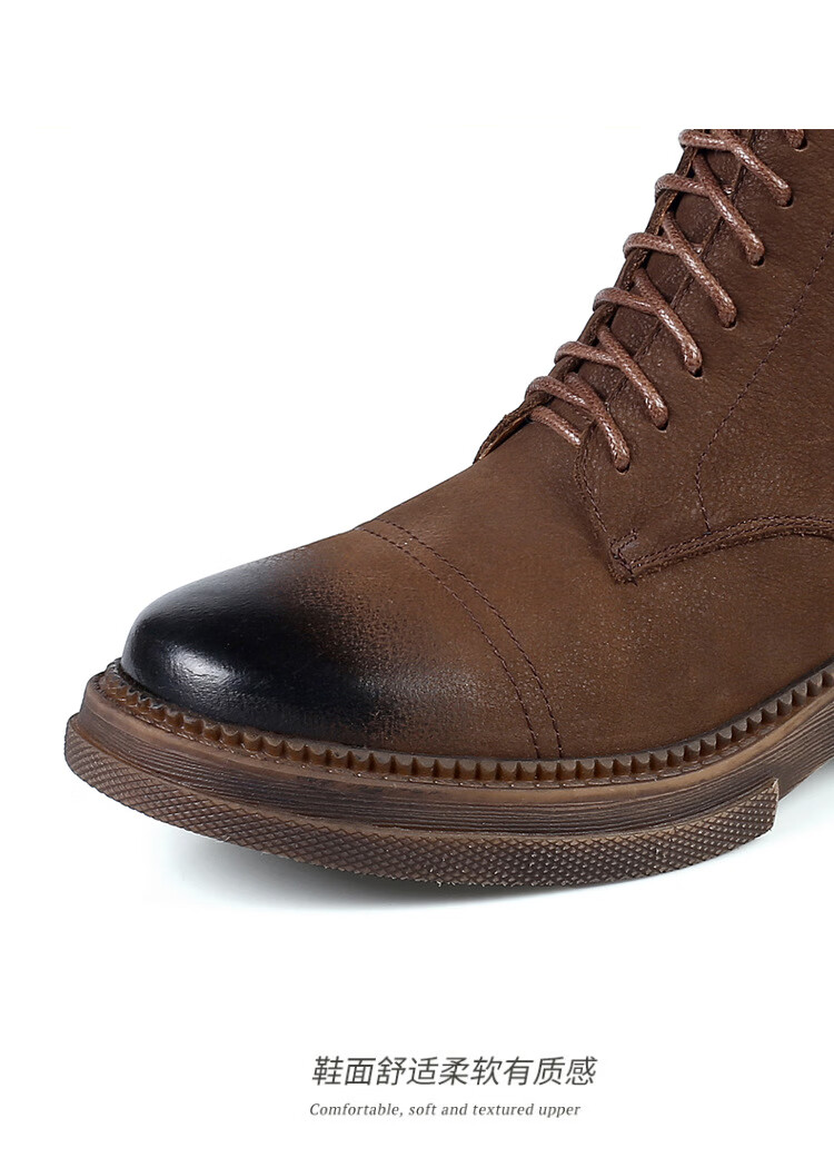 tatasma他她丝曼女鞋复古皮靴棕色圆头短靴系带中跟及踝靴马丁靴