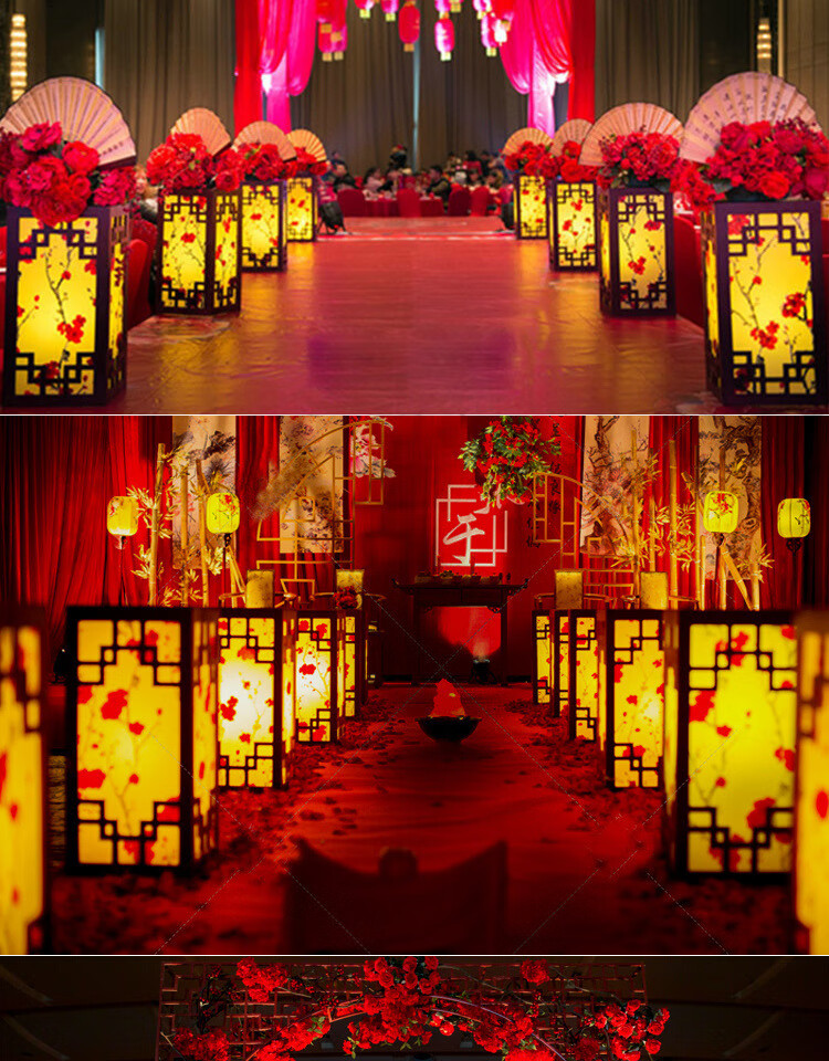 新款婚庆道具中式婚礼方柱路引结婚舞台背景布置梅花路引灯光摆件暗红
