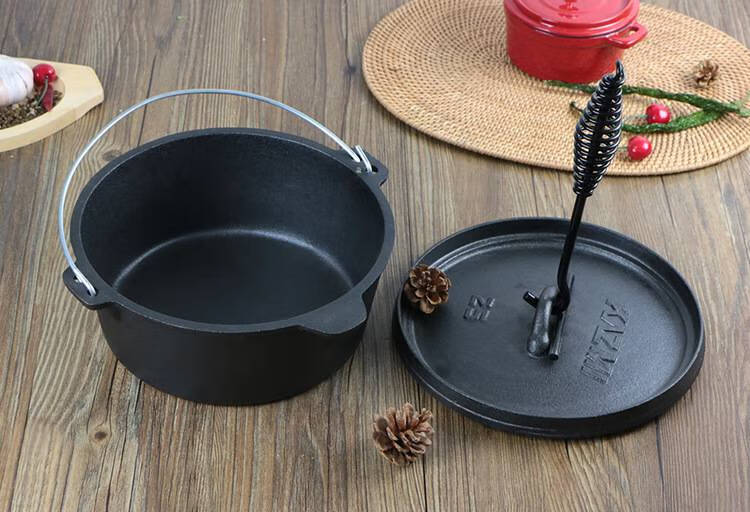 户外铁锅 铸铁炖锅25cm野营铸铁锅荷兰锅煎锅户外锅具套装 提手钩子